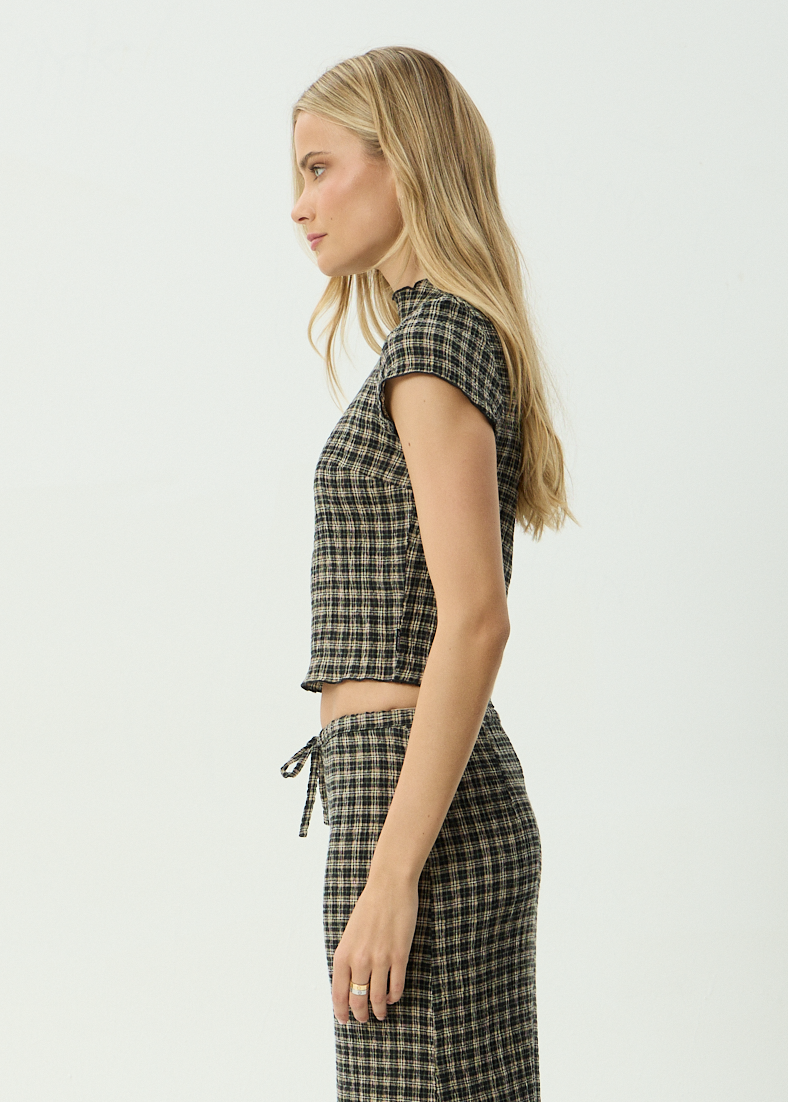AFENDS Womens Wren - Seersucker Top - Tan / Olive Check