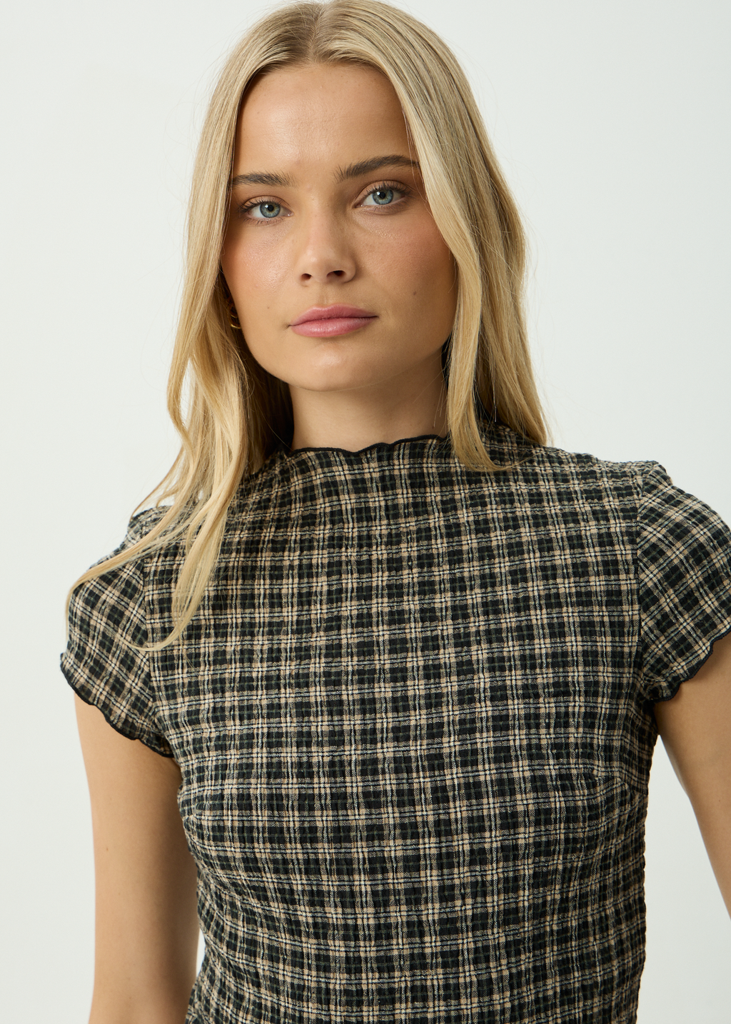 AFENDS Womens Wren - Seersucker Top - Tan / Olive Check