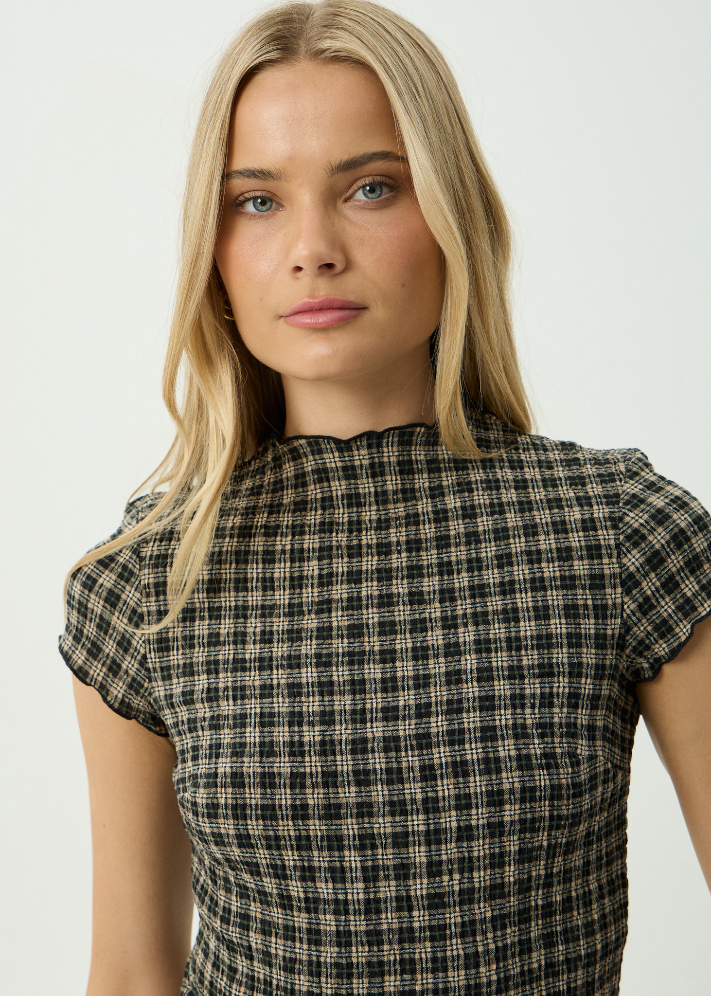 AFENDS Womens Wren - Seersucker Top - Tan / Olive Check