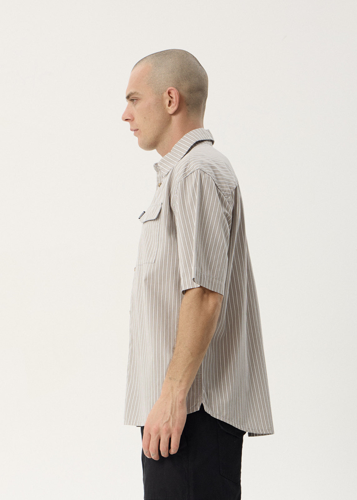 AFENDS Mens Lennox - Short Sleeve Shirt - Olive Stripe