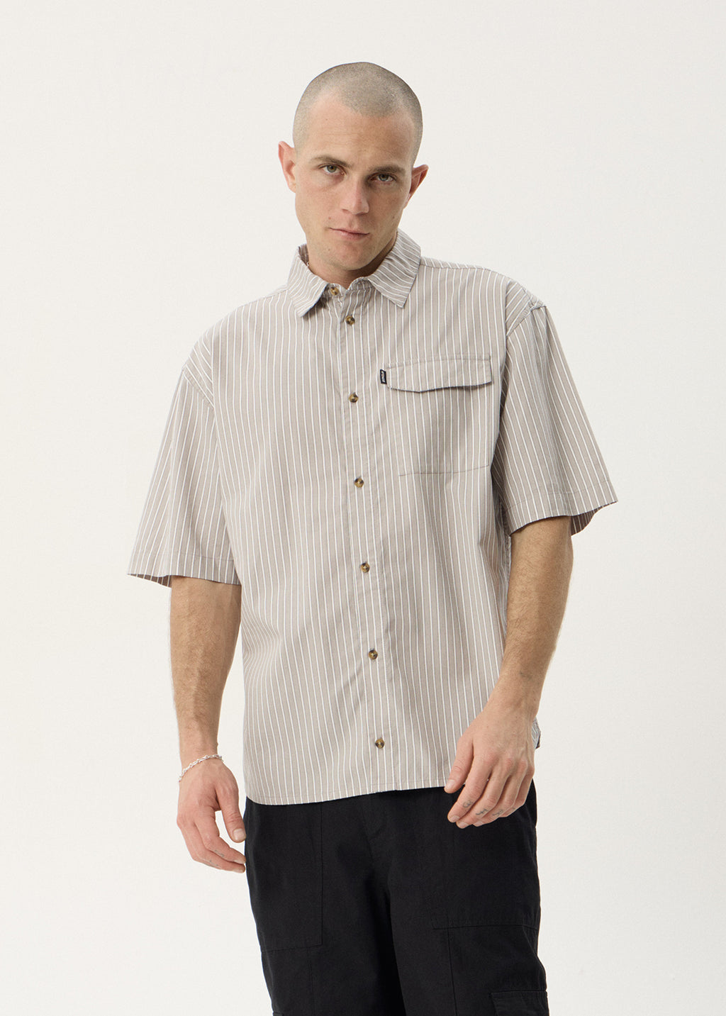 AFENDS Mens Lennox - Short Sleeve Shirt - Olive Stripe