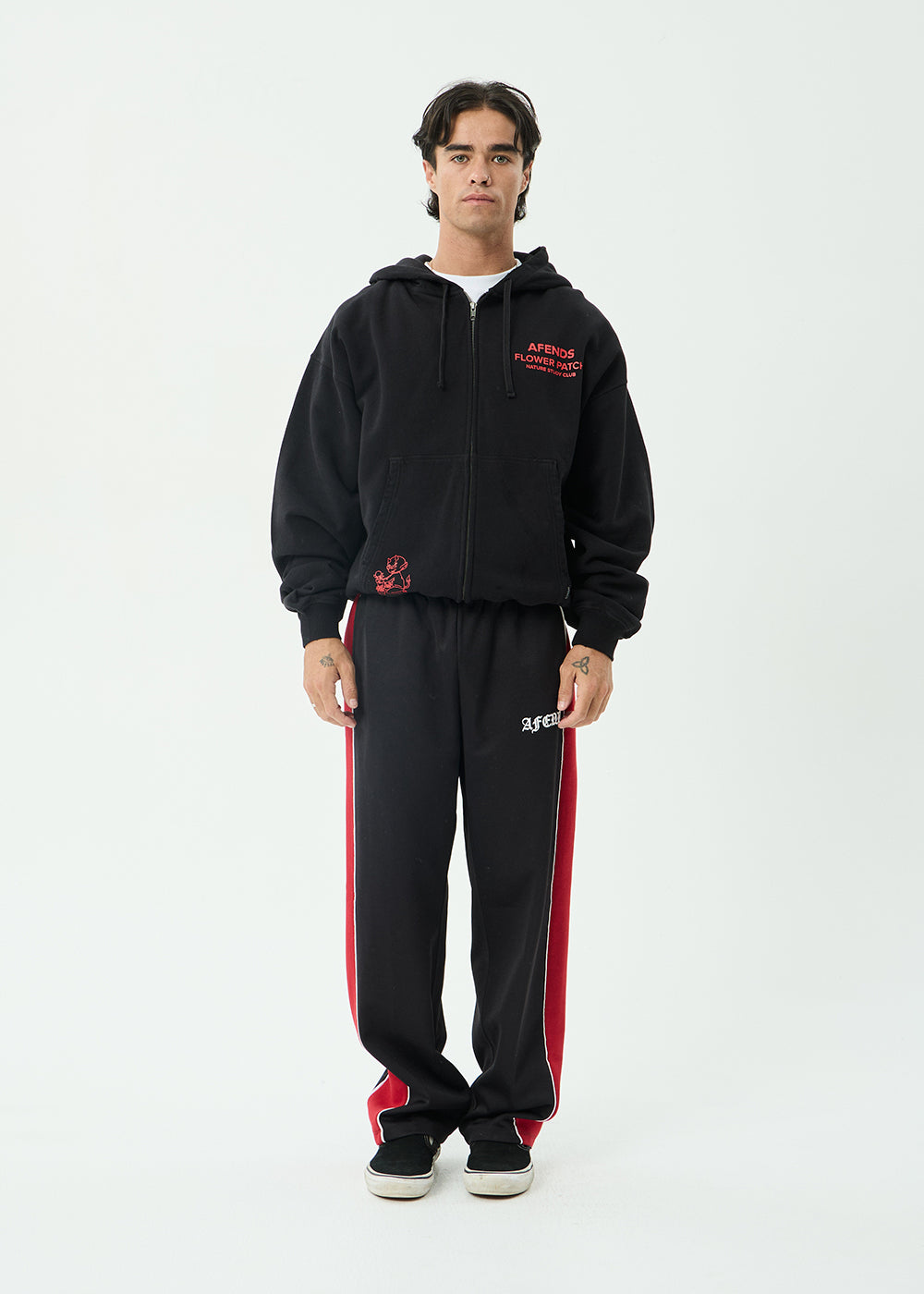 AFENDS Mens Flower Patch - Boxy Zip Hood - Stone Black