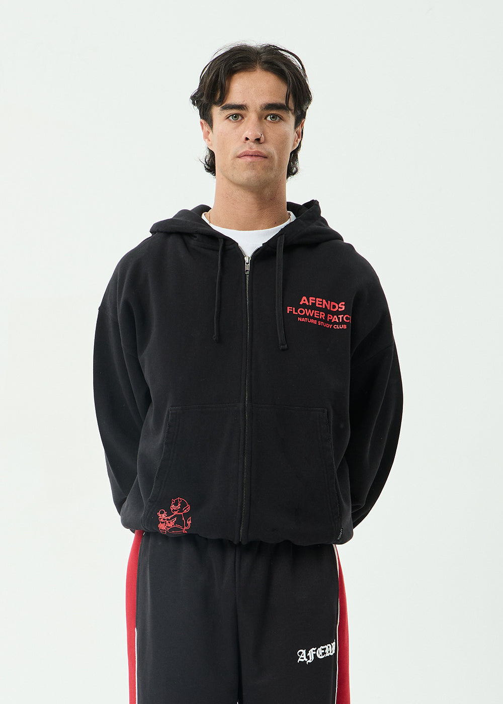 AFENDS Mens Flower Patch - Boxy Zip Hood - Stone Black