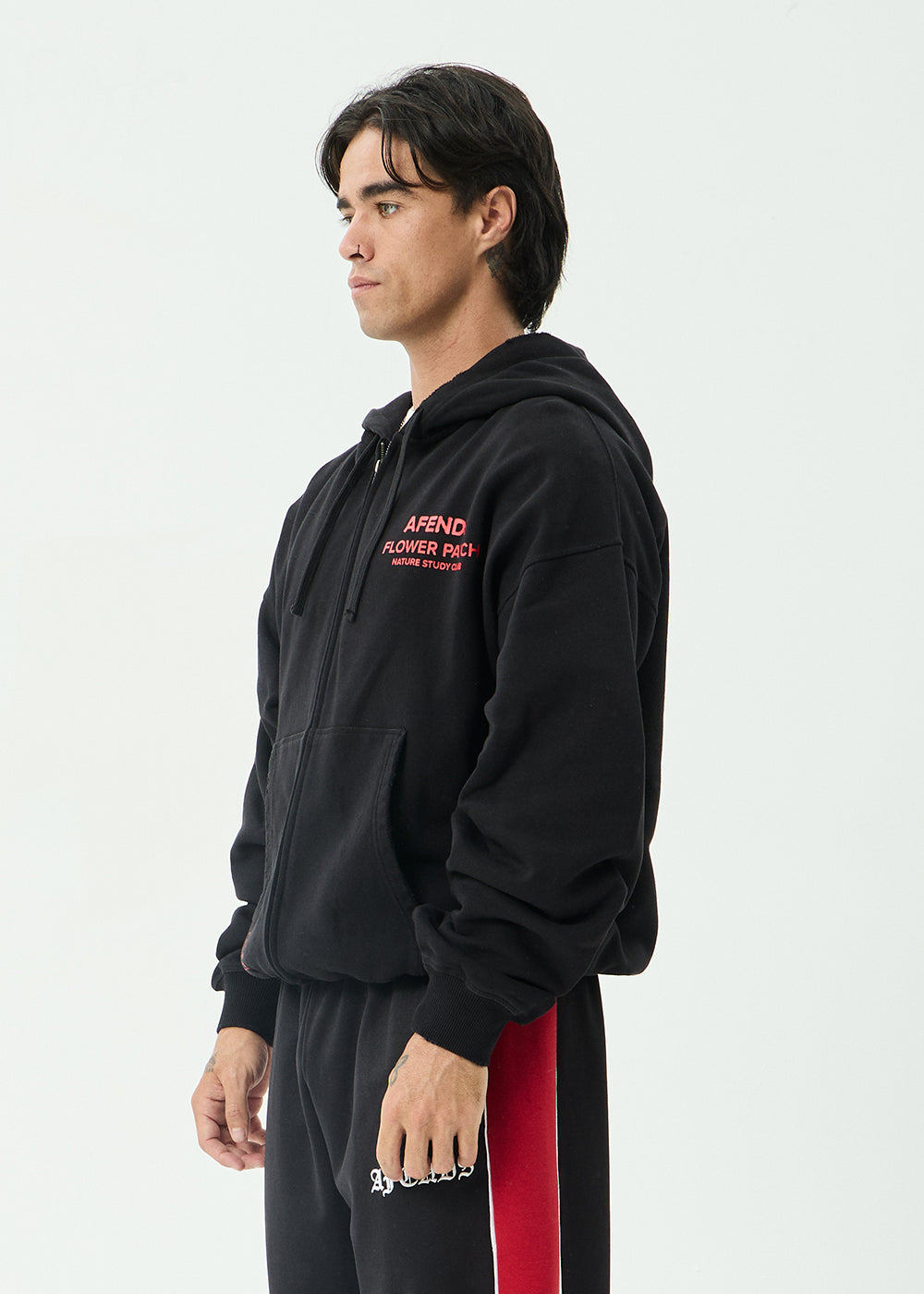 AFENDS Mens Flower Patch - Boxy Zip Hood - Stone Black