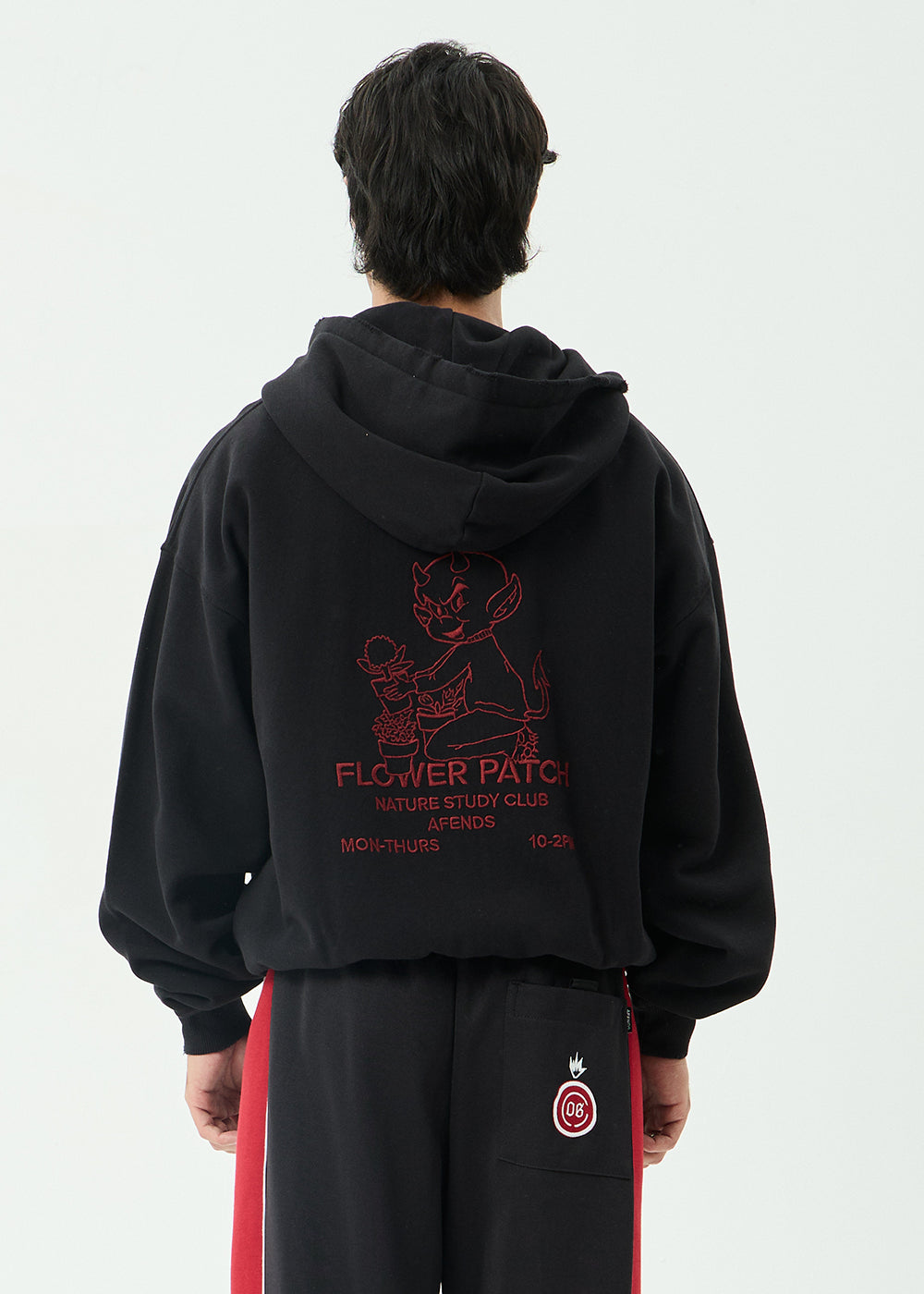 AFENDS Mens Flower Patch - Boxy Zip Hood - Stone Black
