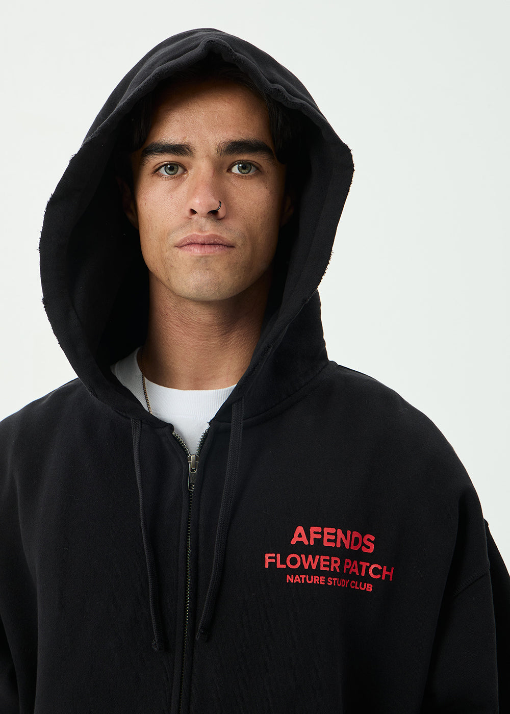 AFENDS Mens Flower Patch - Boxy Zip Hood - Stone Black