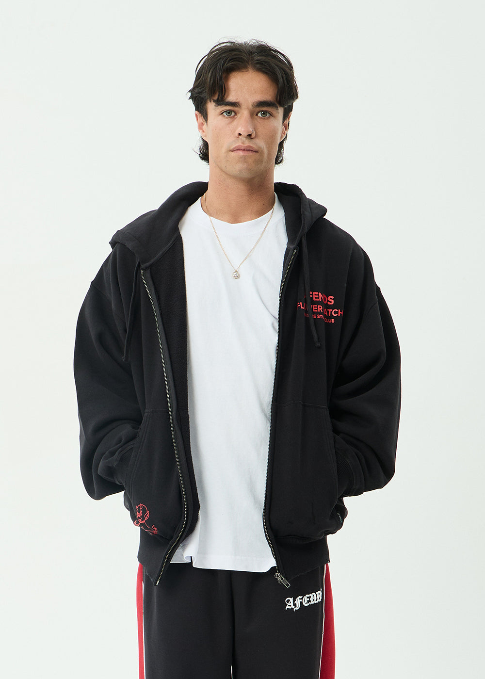 AFENDS Mens Flower Patch - Boxy Zip Hood - Stone Black