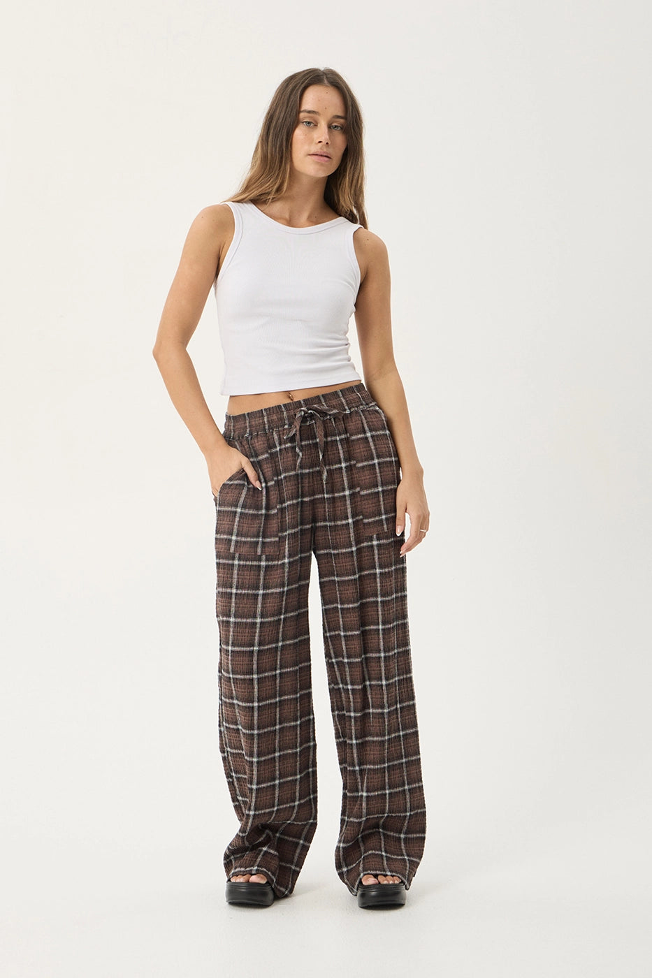 AFENDS Womens Reverie - Seersucker Pant - Coffee Check