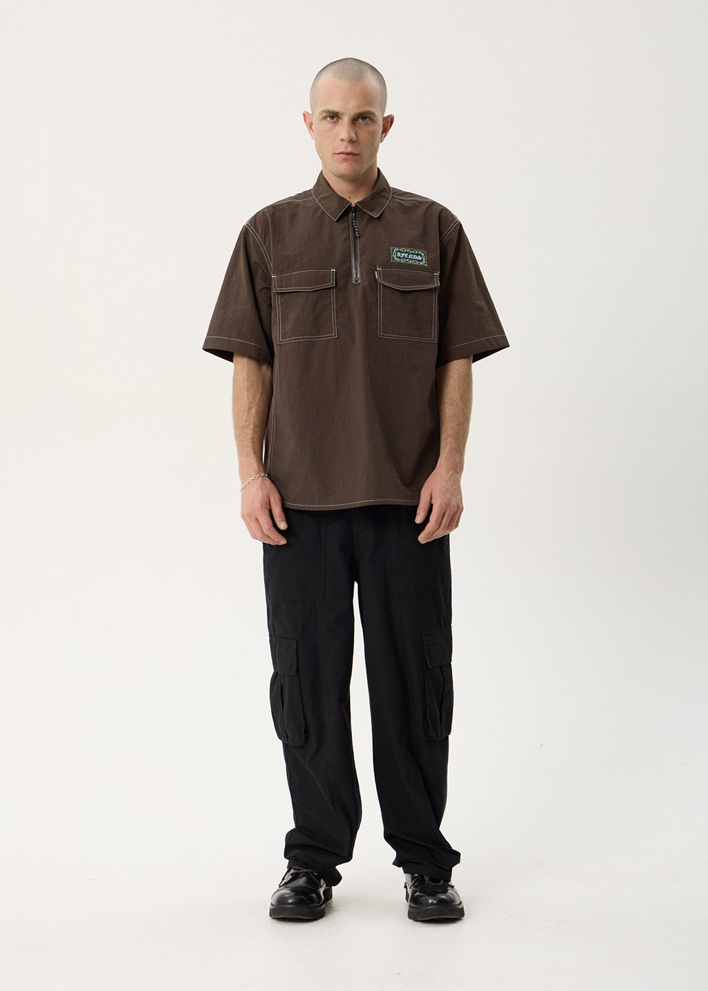 AFENDS Mens Equipment - Workwear Short Sleeve Shirt - Coffee