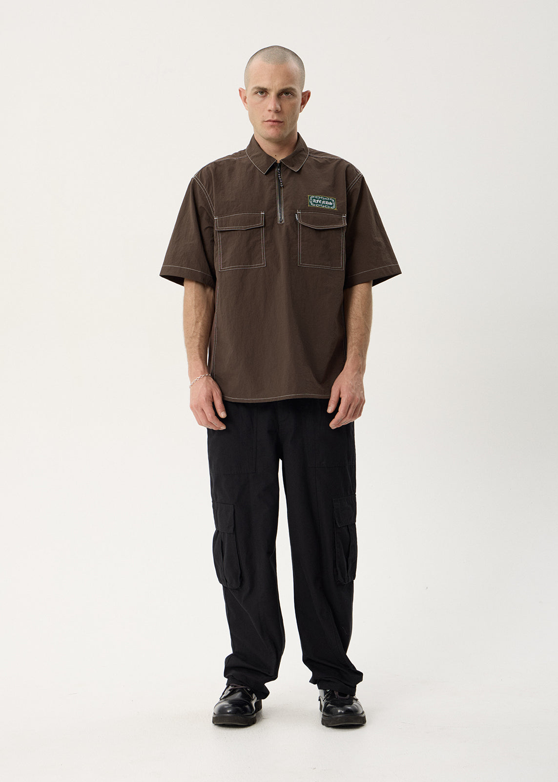 AFENDS Mens Equipment - Workwear Short Sleeve Shirt - Coffee