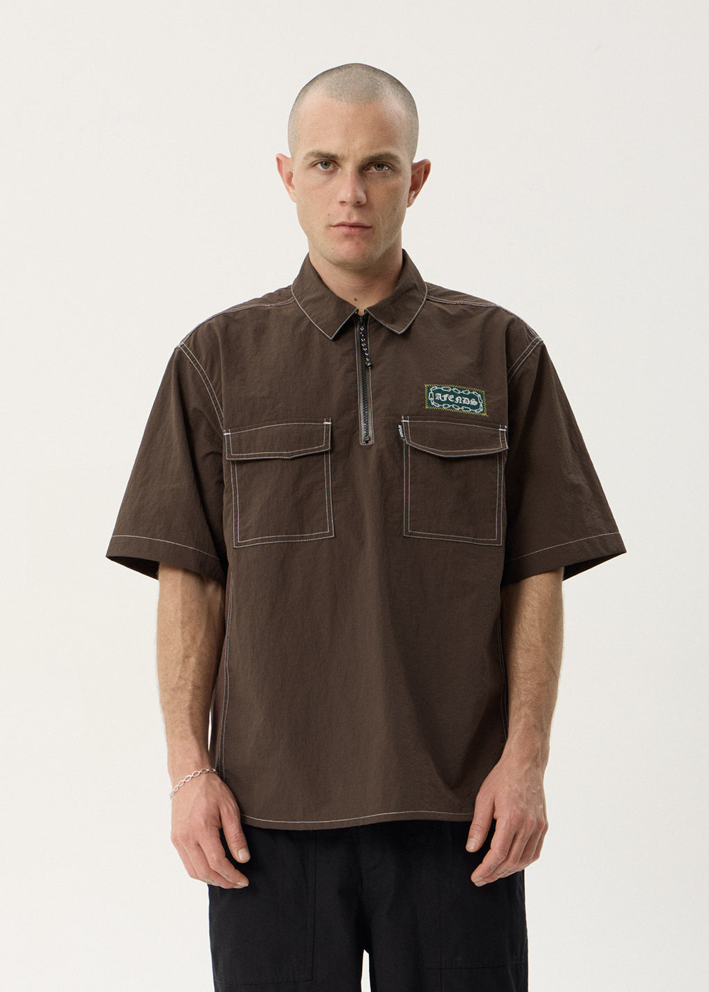 AFENDS Mens Equipment - Workwear Short Sleeve Shirt - Coffee