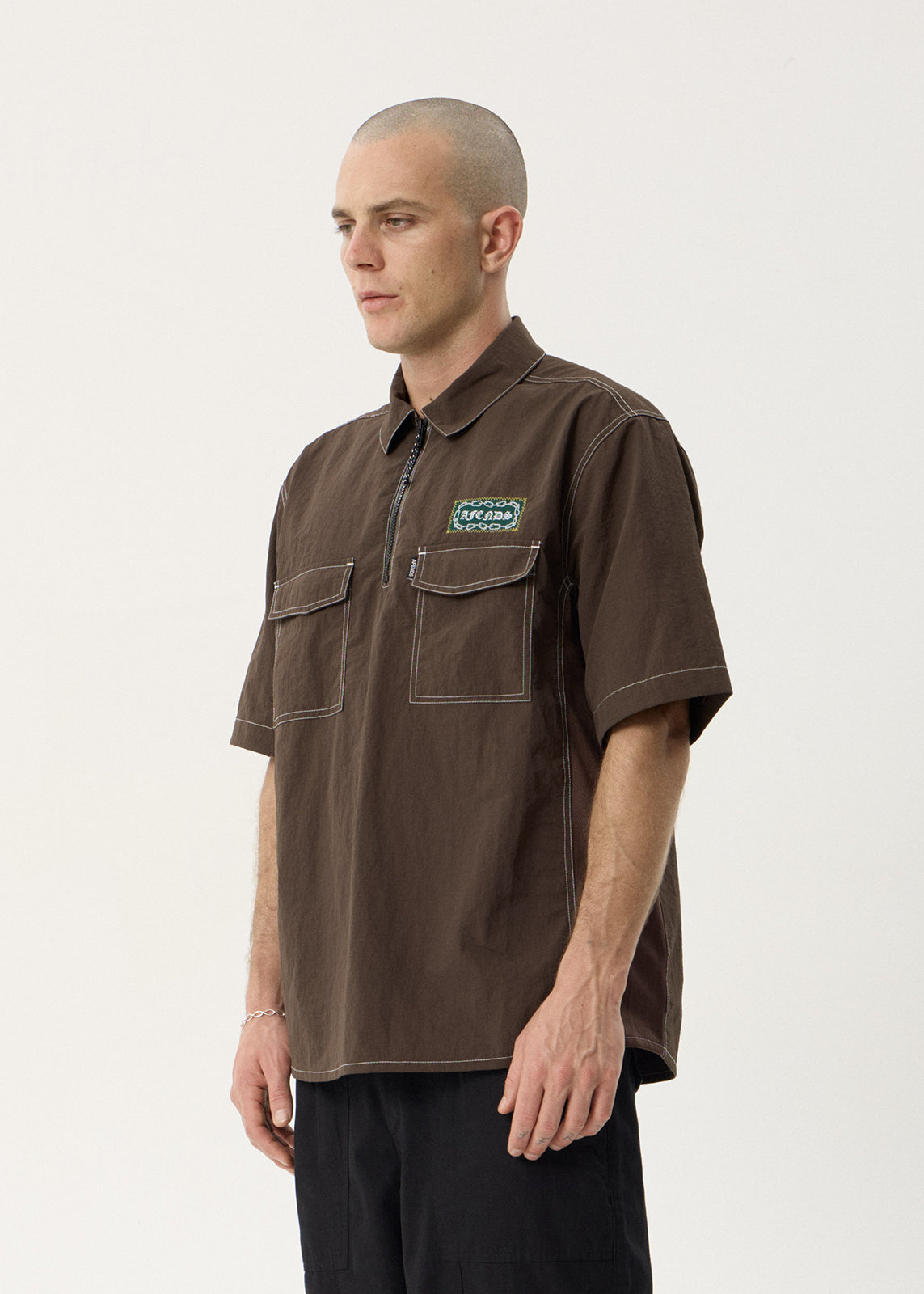AFENDS Mens Equipment - Workwear Short Sleeve Shirt - Coffee