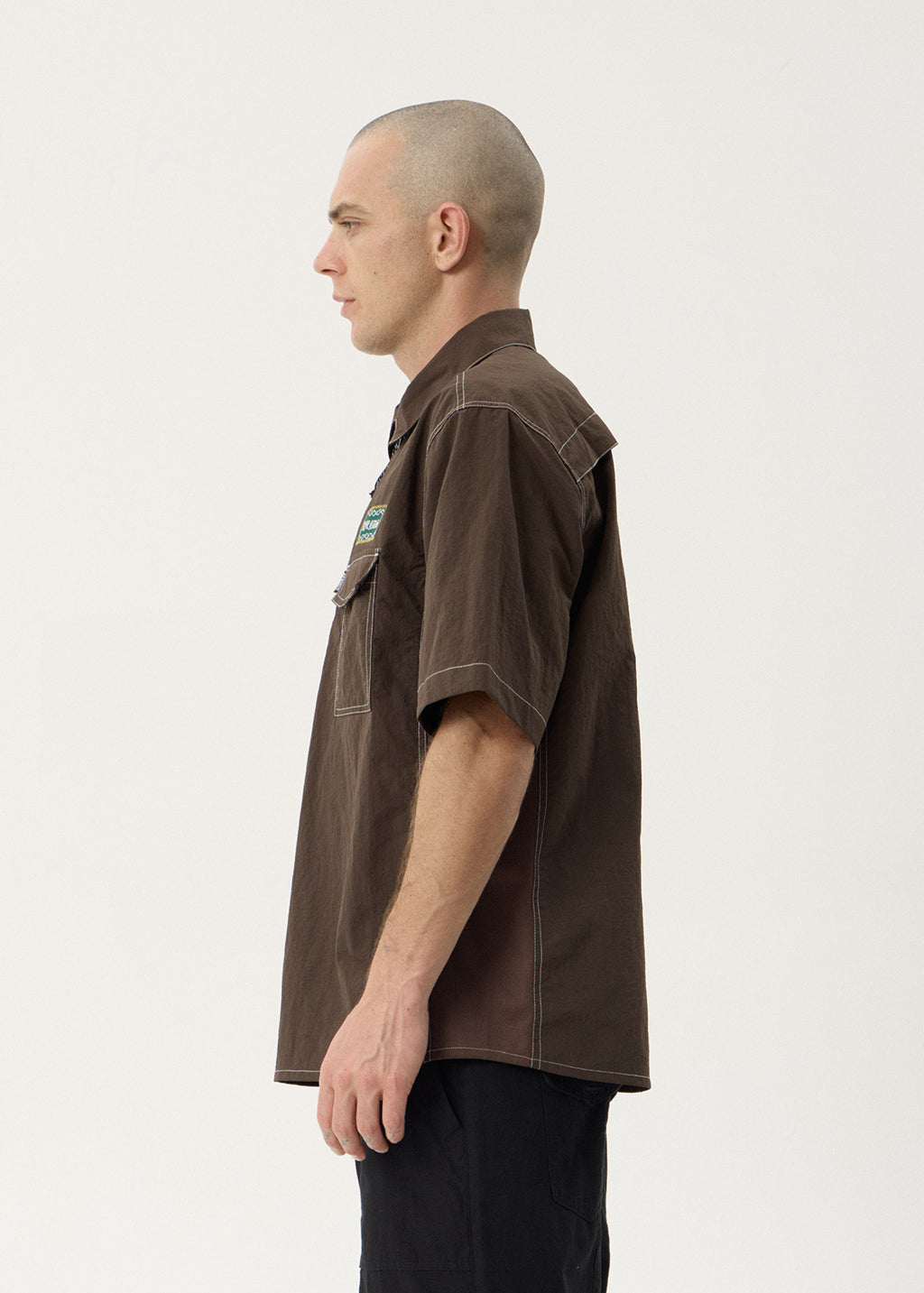 AFENDS Mens Equipment - Workwear Short Sleeve Shirt - Coffee