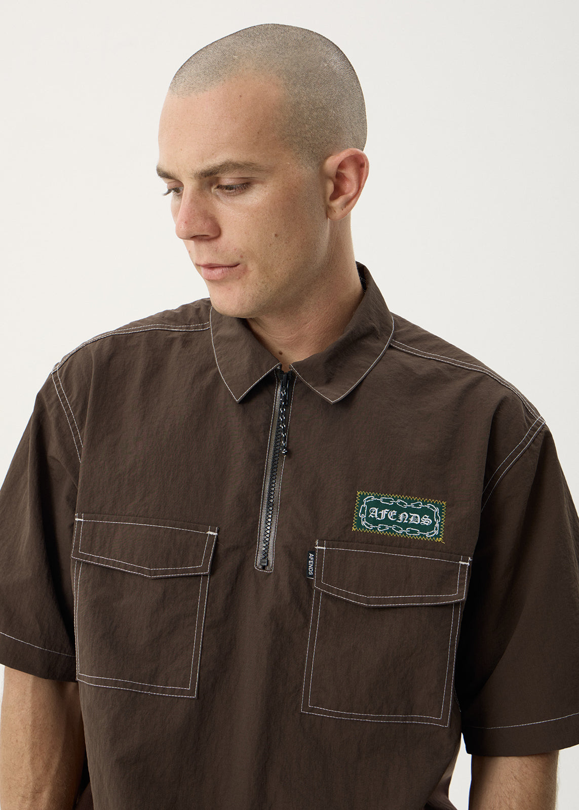 AFENDS Mens Equipment - Workwear Short Sleeve Shirt - Coffee
