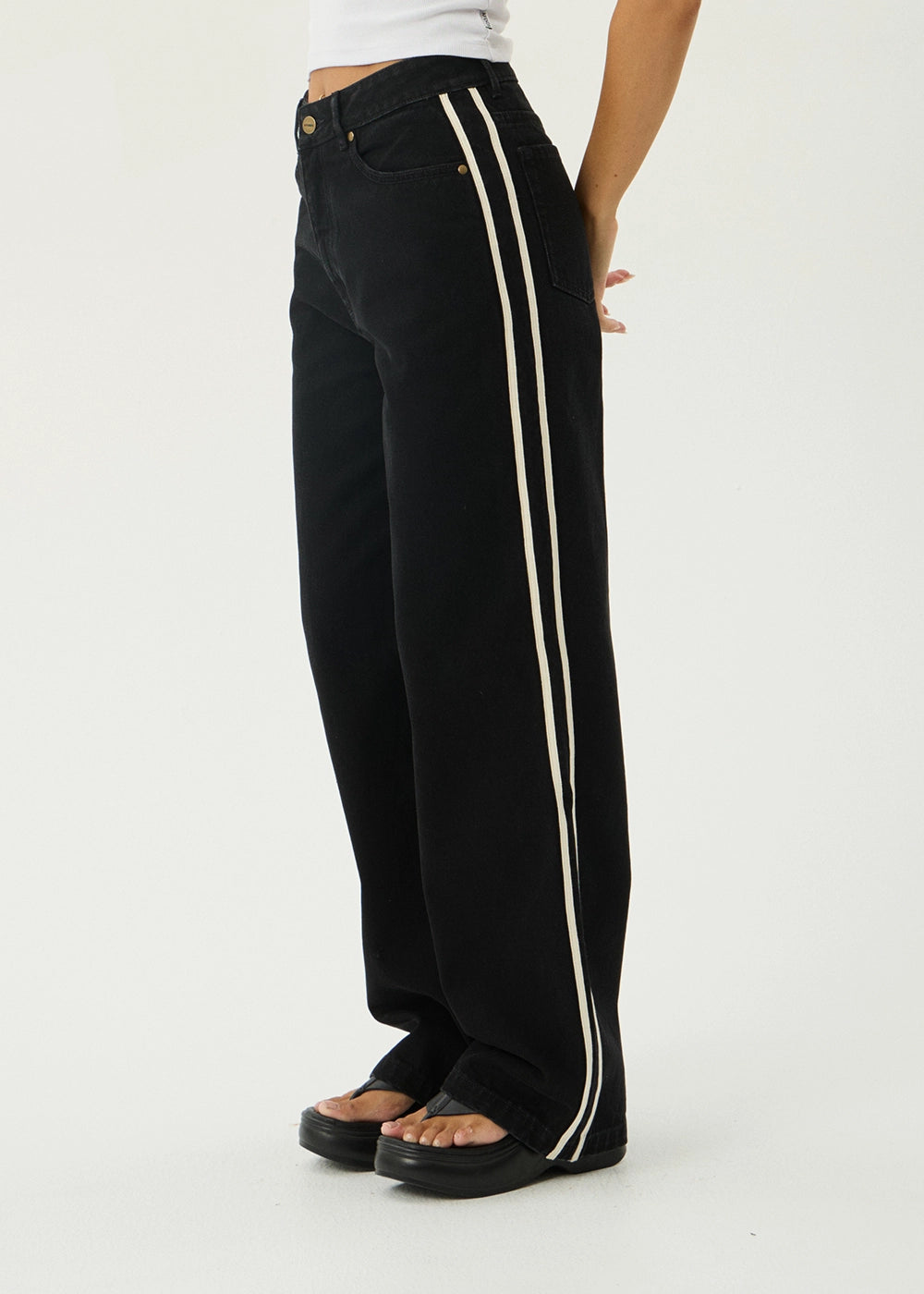 AFENDS Womens Bella Stripe - Denim Wide Leg Baggy Jean - Washed Black