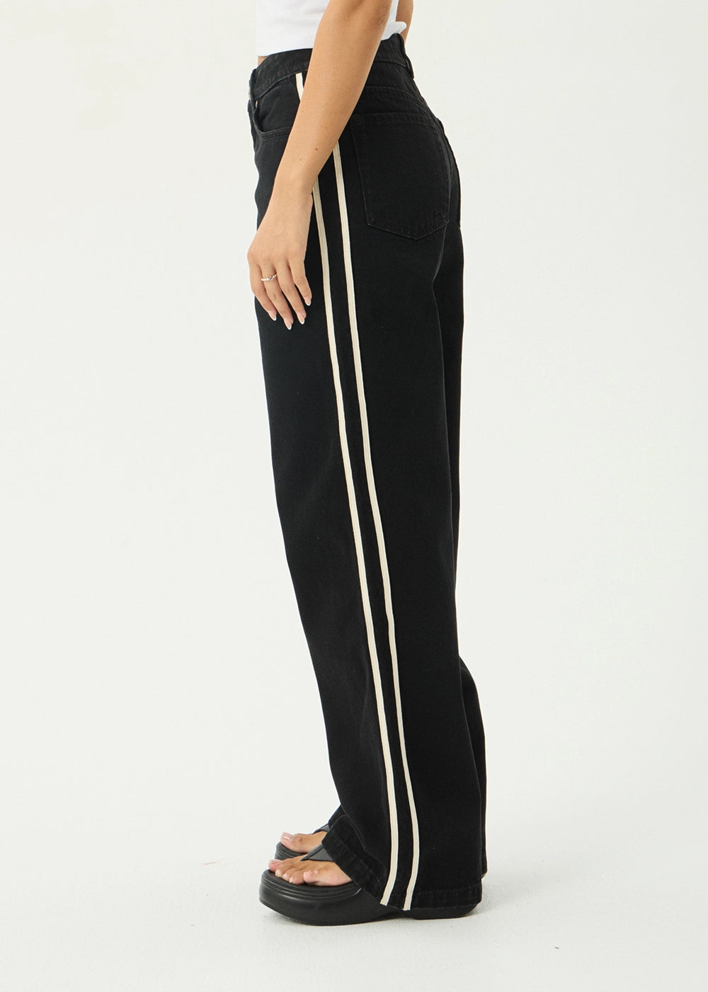 AFENDS Womens Bella Stripe - Denim Wide Leg Baggy Jean - Washed Black