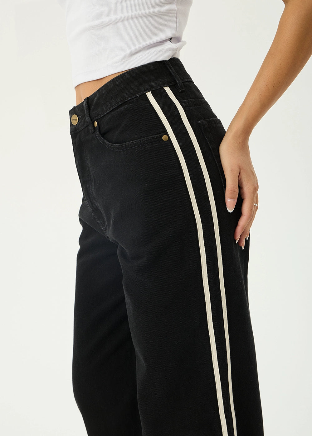 AFENDS Womens Bella Stripe - Denim Wide Leg Baggy Jean - Washed Black