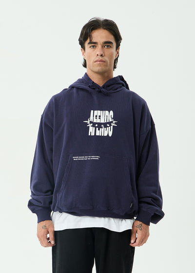 AFENDS Mens Bad Dog - Boxy Pull On Hood - Washed Deep Sea