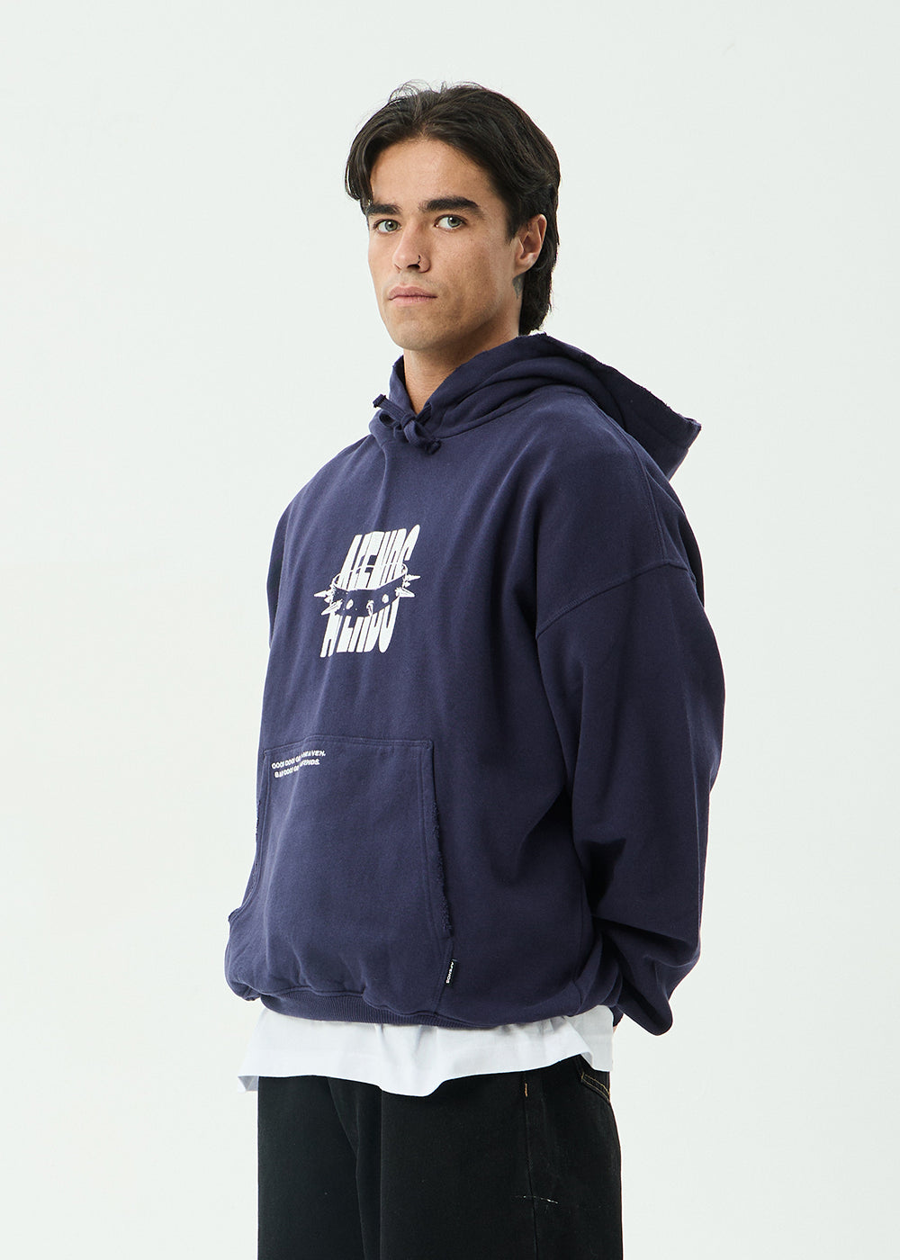AFENDS Mens Bad Dog - Boxy Pull On Hood - Washed Deep Sea