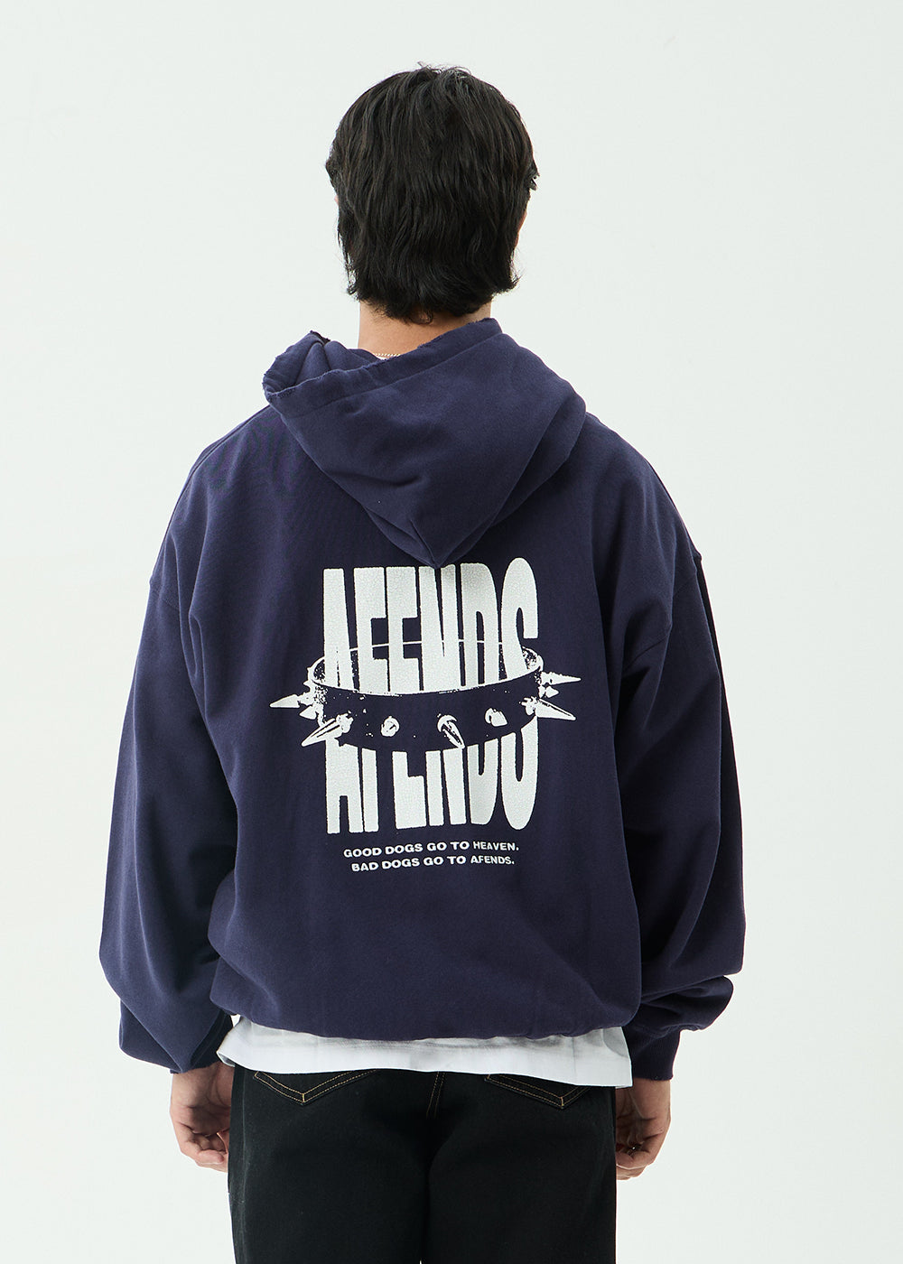 AFENDS Mens Bad Dog - Boxy Pull On Hood - Washed Deep Sea