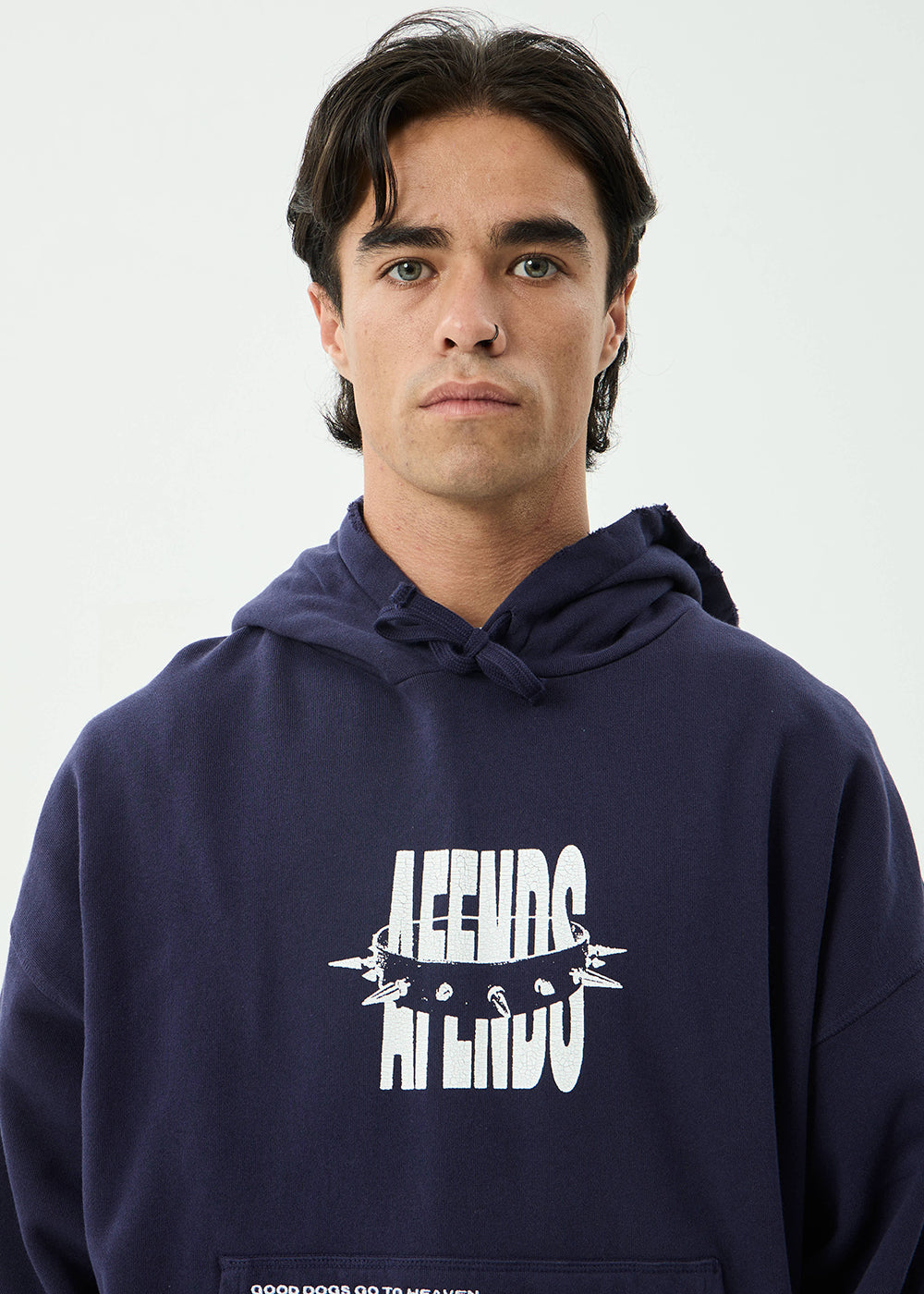 AFENDS Mens Bad Dog - Boxy Pull On Hood - Washed Deep Sea