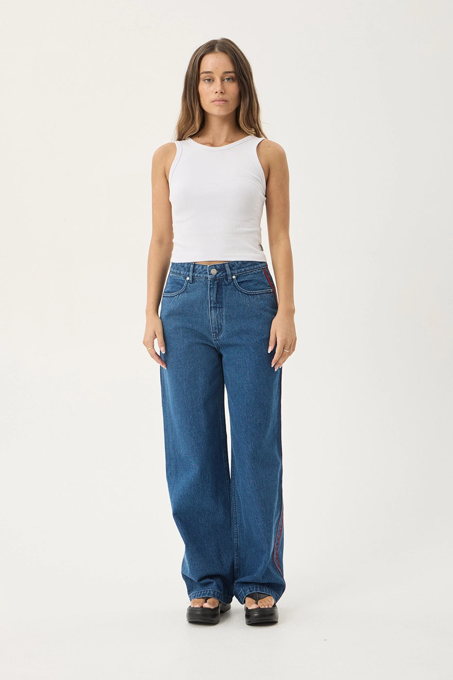 AFENDS Womens Bella Stripe - Denim Wide Leg Baggy Jean - Authentic Blue