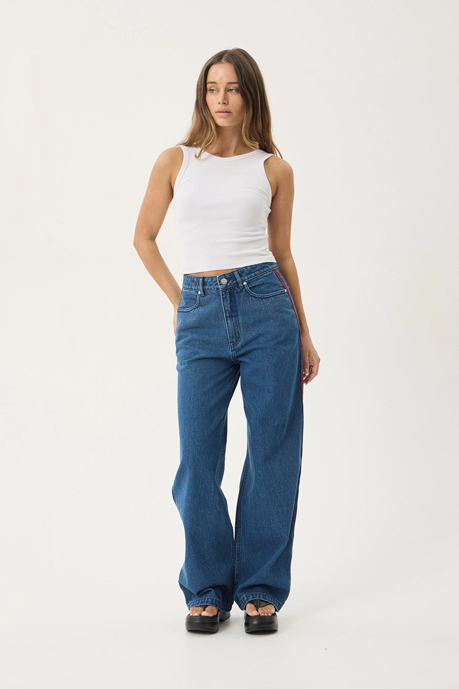 AFENDS Womens Bella Stripe - Denim Wide Leg Baggy Jean - Authentic Blue