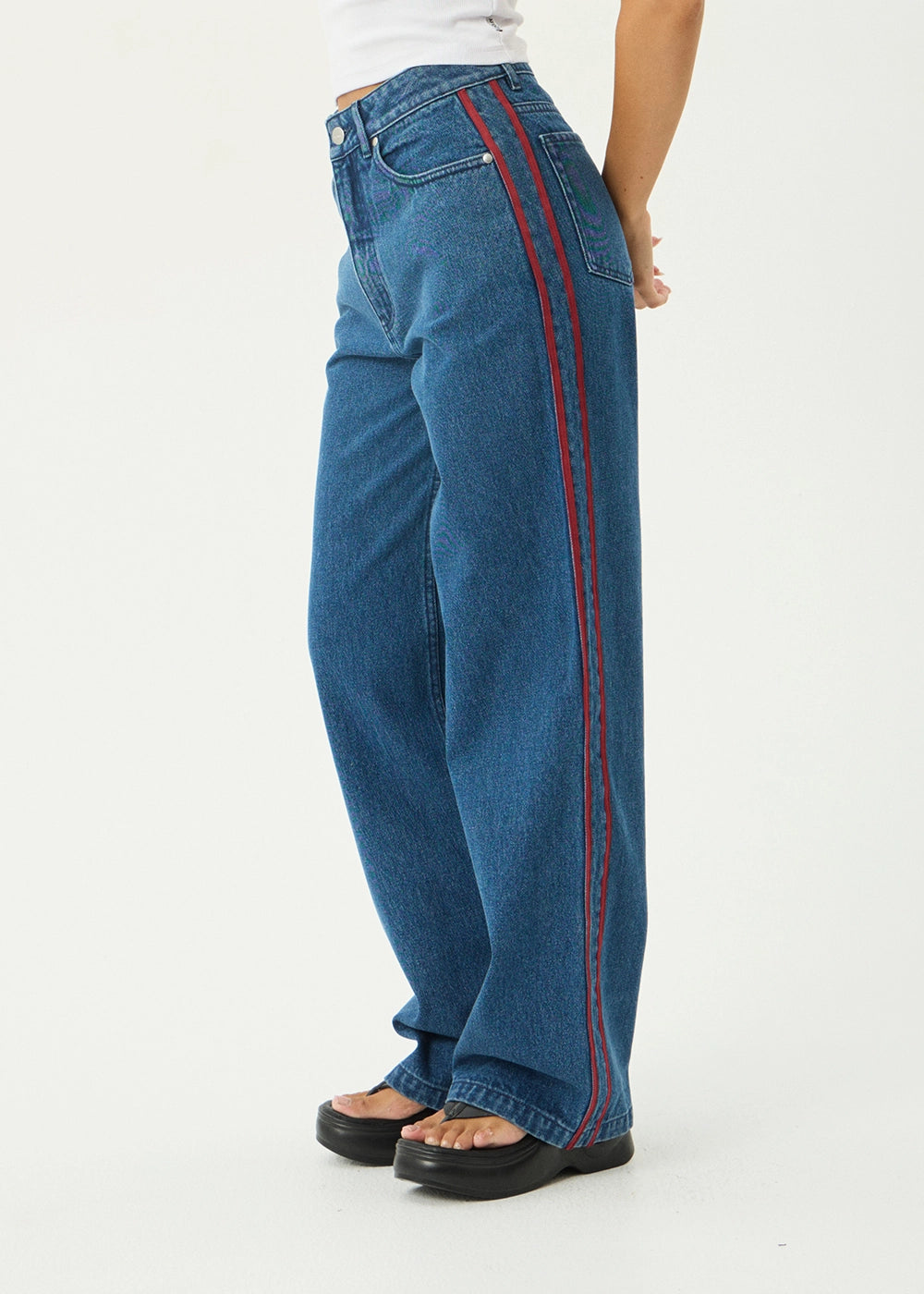 AFENDS Womens Bella Stripe - Denim Wide Leg Baggy Jean - Authentic Blue
