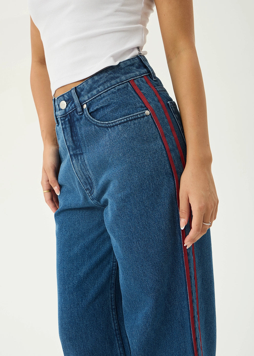AFENDS Womens Bella Stripe - Denim Wide Leg Baggy Jean - Authentic Blue