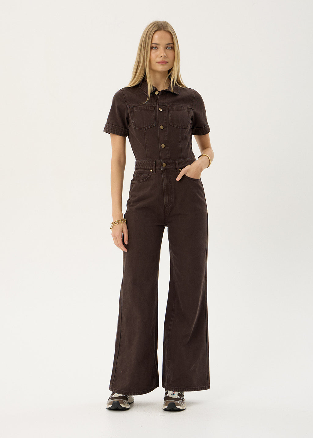 AFENDS Womens Miami - Denim Flared Leg Jumpsuit - Washed Coffee