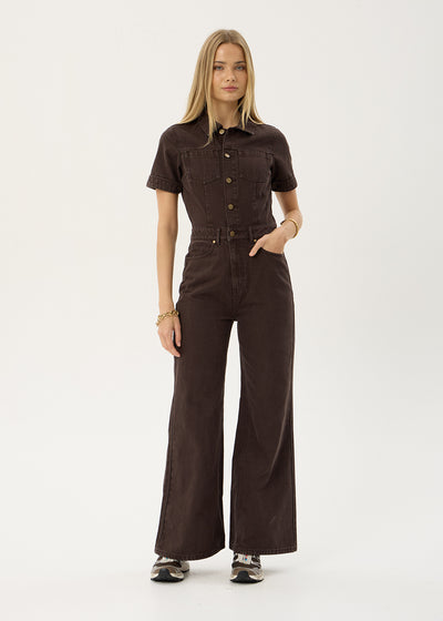 AFENDS Womens Miami - Denim Flared Leg Jumpsuit - Washed Coffee
