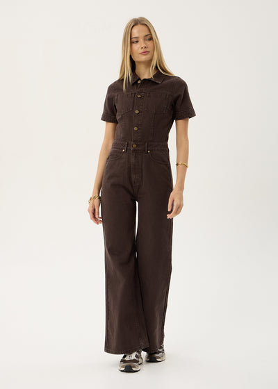 AFENDS Womens Miami - Denim Flared Leg Jumpsuit - Washed Coffee