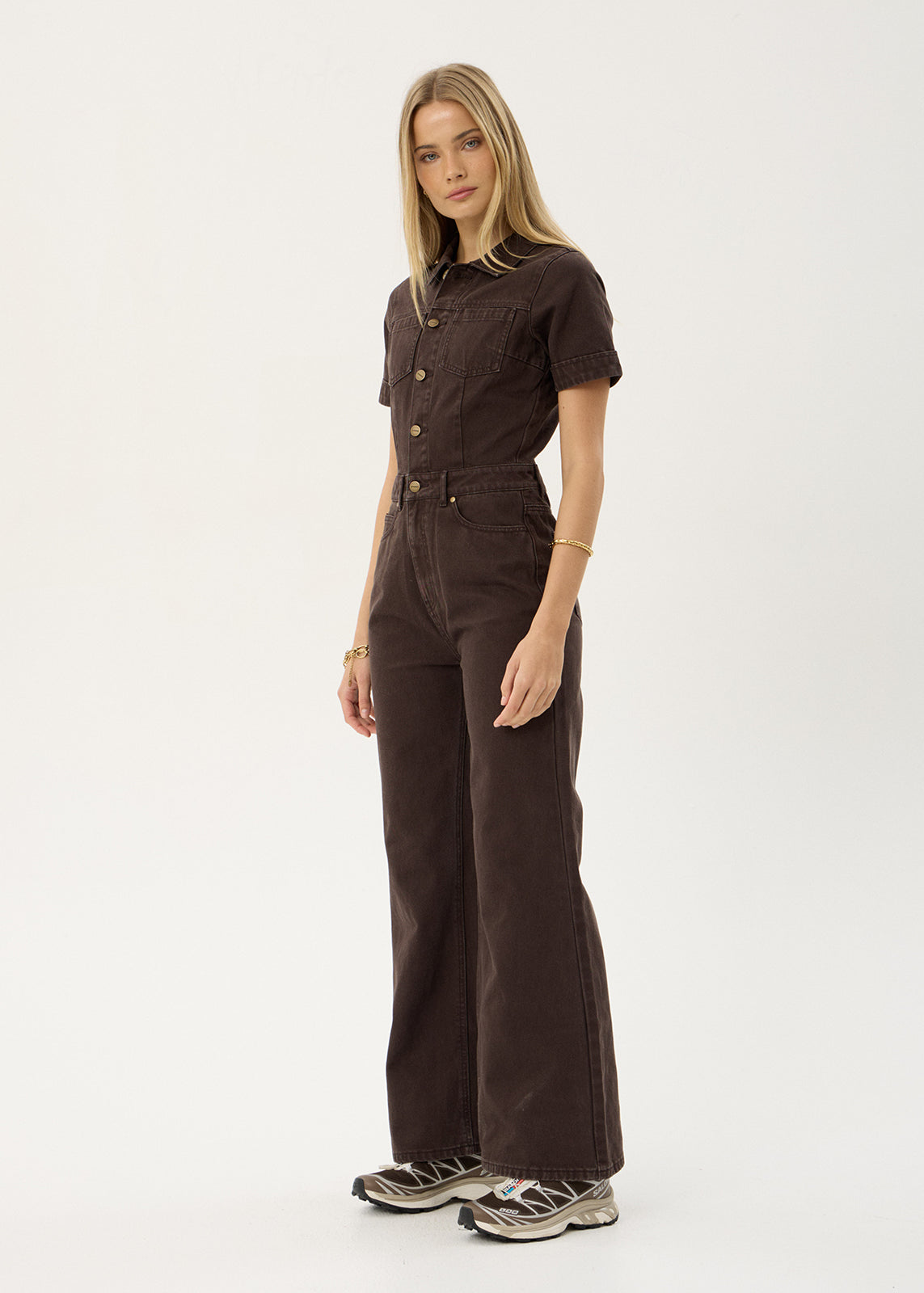 AFENDS Womens Miami - Denim Flared Leg Jumpsuit - Washed Coffee