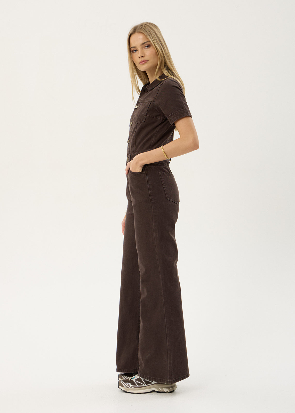 AFENDS Womens Miami - Denim Flared Leg Jumpsuit - Washed Coffee