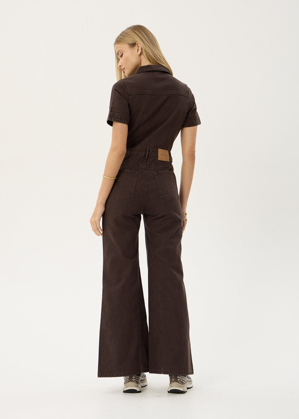 AFENDS Womens Miami - Denim Flared Leg Jumpsuit - Washed Coffee