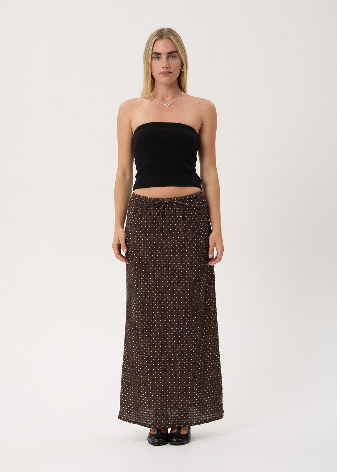 AFENDS Womens Frida - Seersucker Maxi Skirt - Coffee Polka Dot