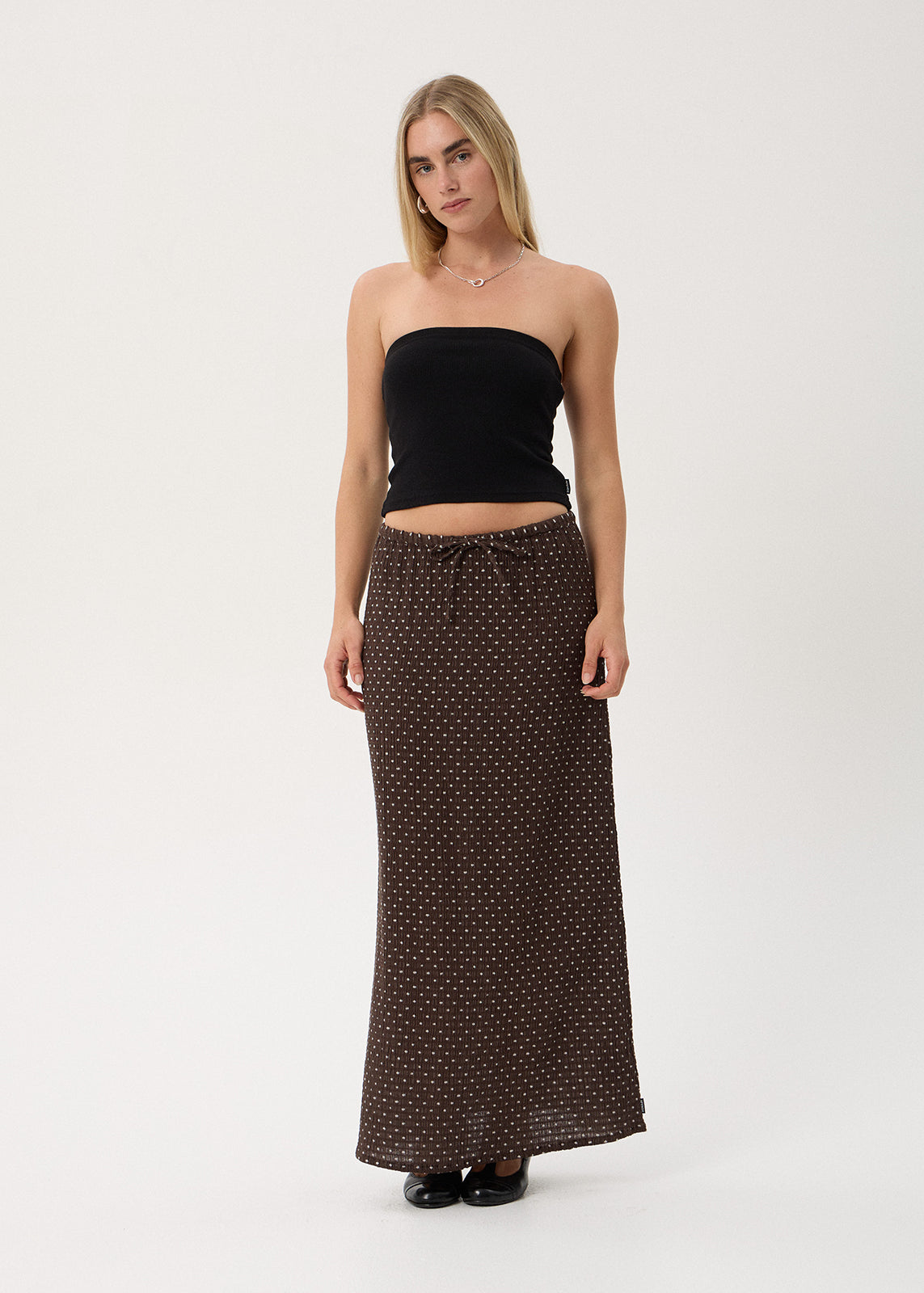 AFENDS Womens Frida - Seersucker Maxi Skirt - Coffee Polka Dot