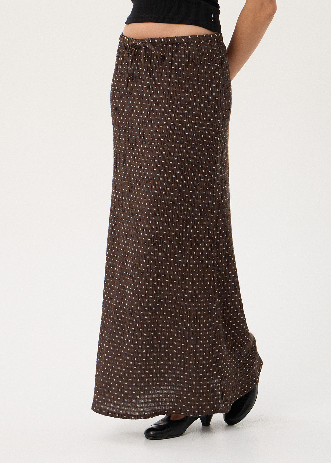 AFENDS Womens Frida - Seersucker Maxi Skirt - Coffee Polka Dot
