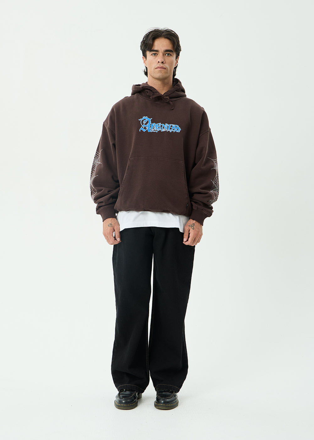 AFENDS Mens Labyrinth - Boxy Pull On Hood - Washed Coffee