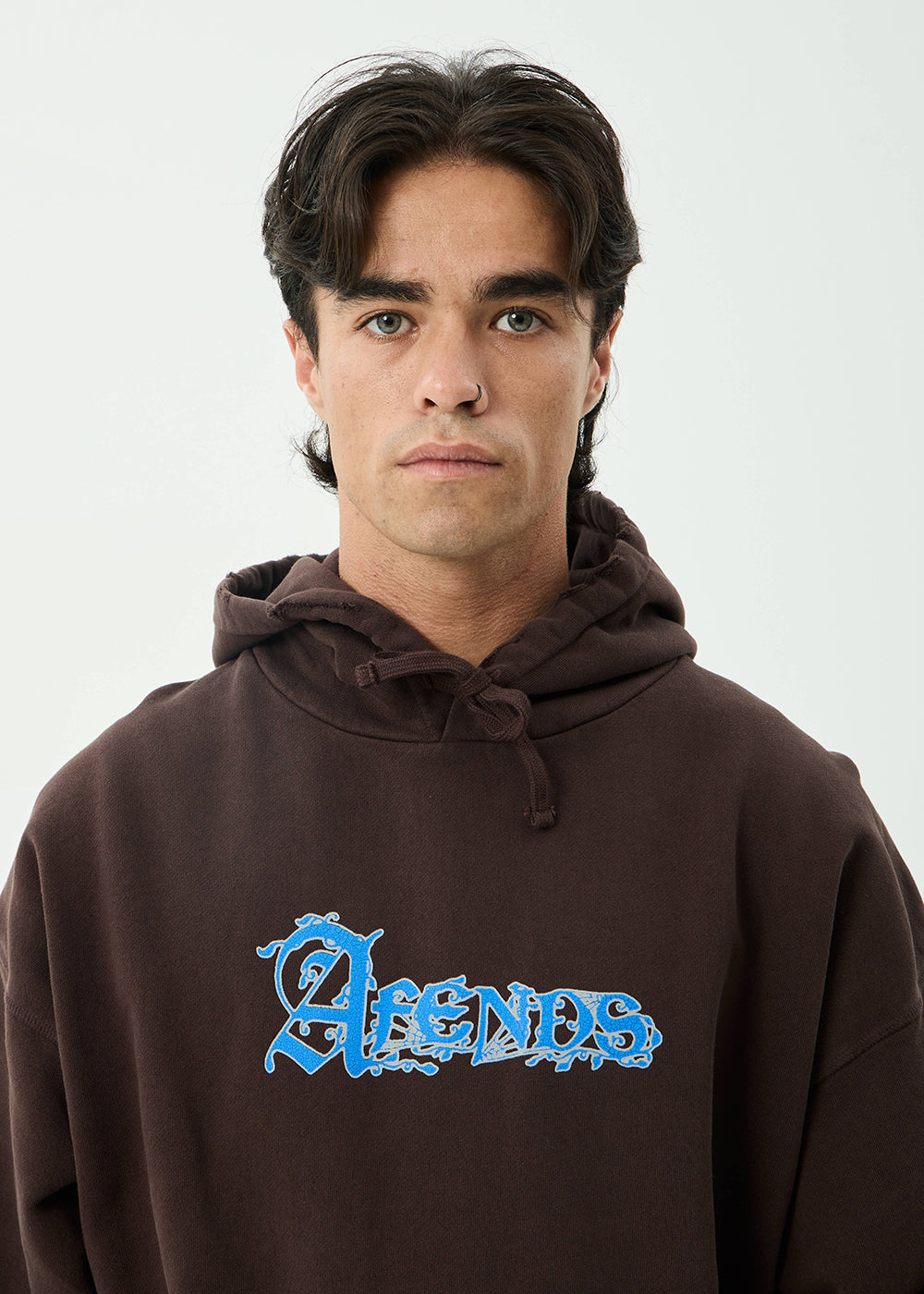 AFENDS Mens Labyrinth - Boxy Pull On Hood - Washed Coffee