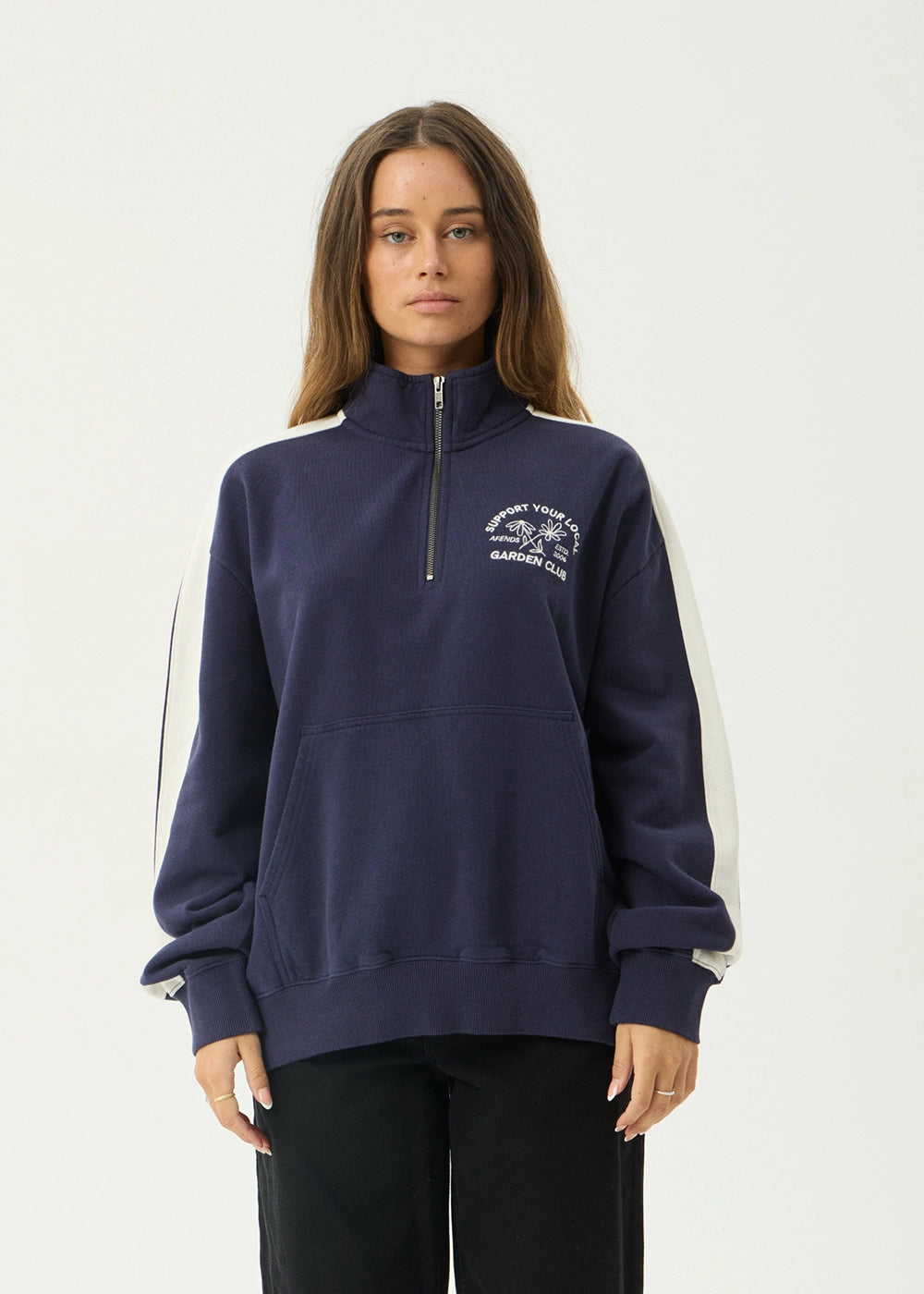 AFENDS Womens Community Garden - Quarter Zip Jumper - Washed Deep Sea