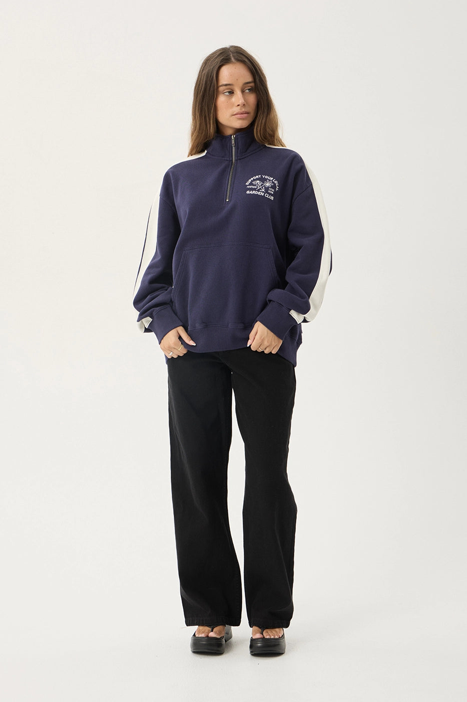 AFENDS Womens Community Garden - Quarter Zip Jumper - Washed Deep Sea
