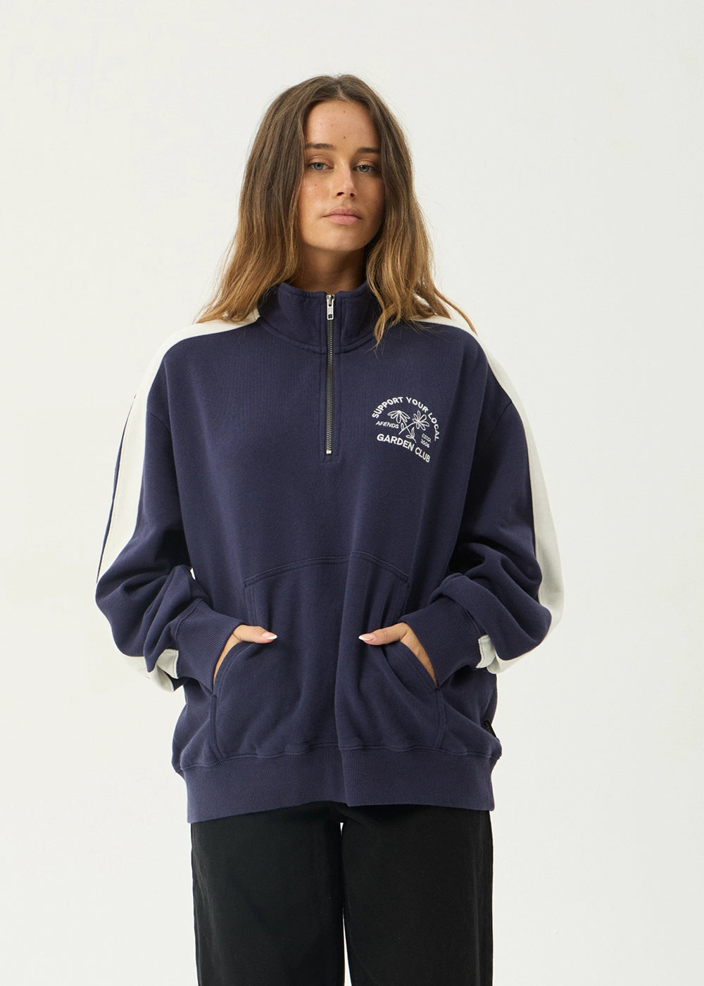 AFENDS Womens Community Garden - Quarter Zip Jumper - Washed Deep Sea