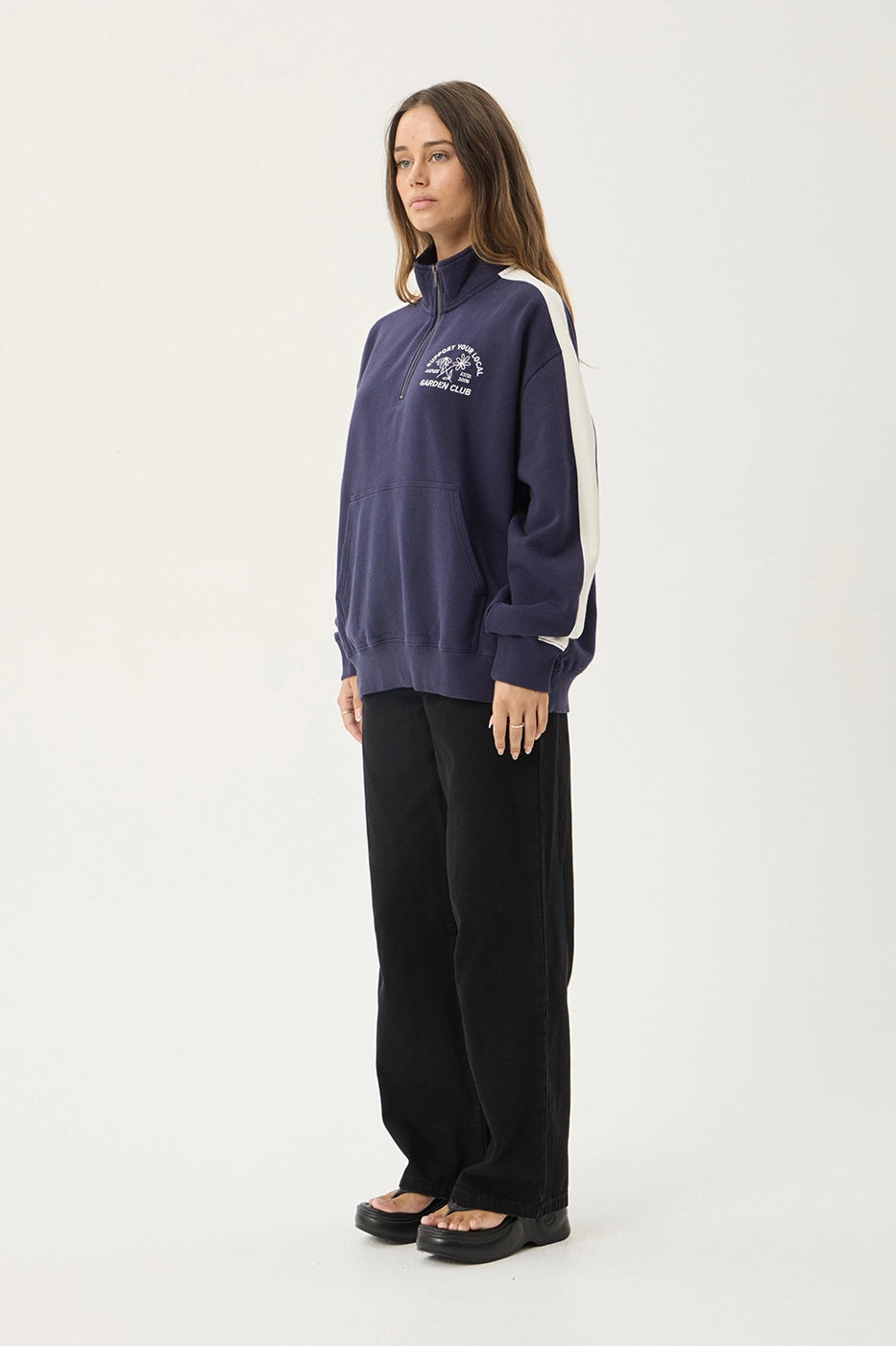 AFENDS Womens Community Garden - Quarter Zip Jumper - Washed Deep Sea