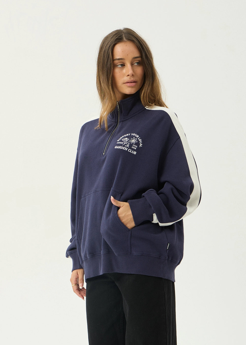 AFENDS Womens Community Garden - Quarter Zip Jumper - Washed Deep Sea