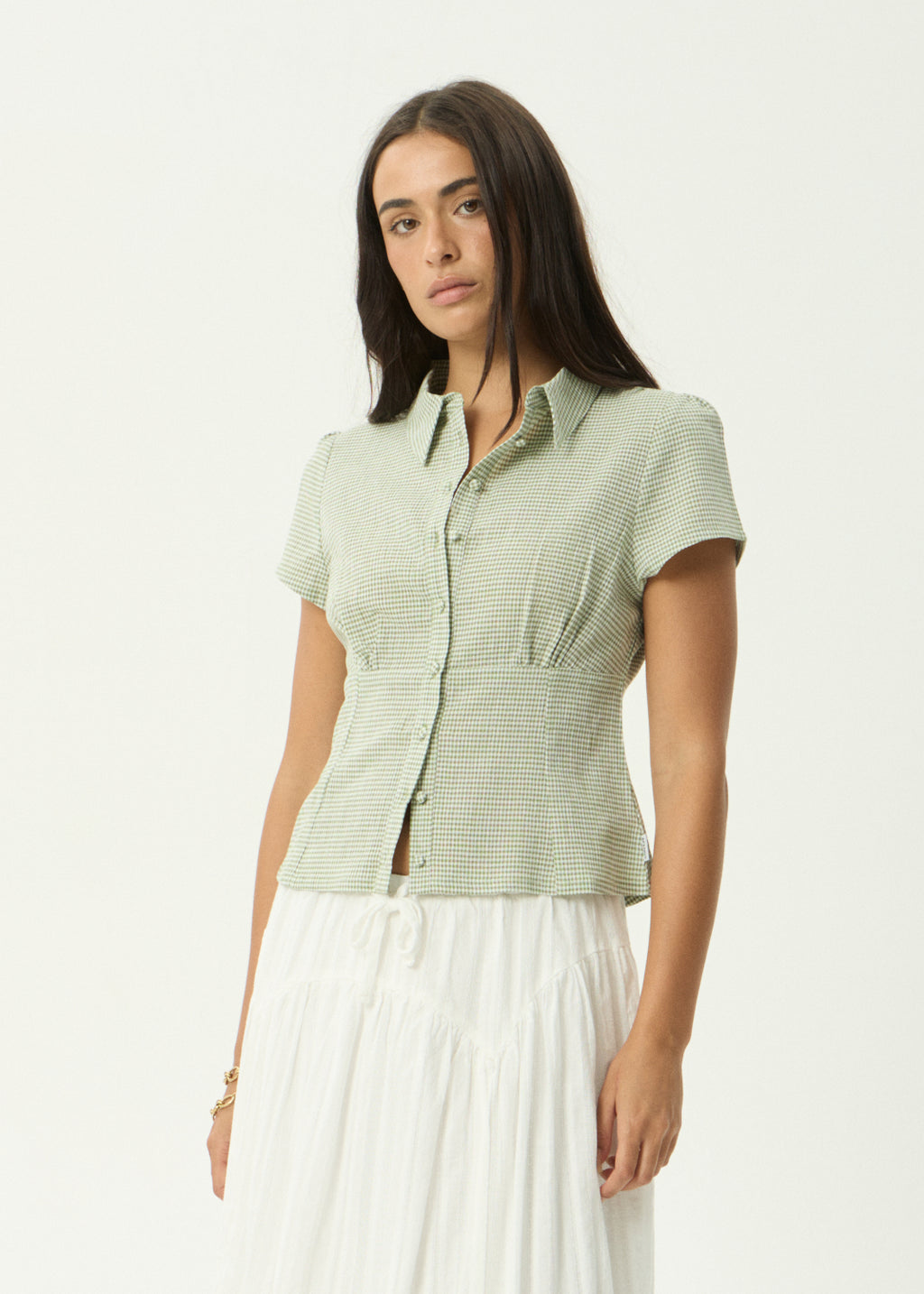 AFENDS Evie - Short Sleeve Shirt - Sage Check