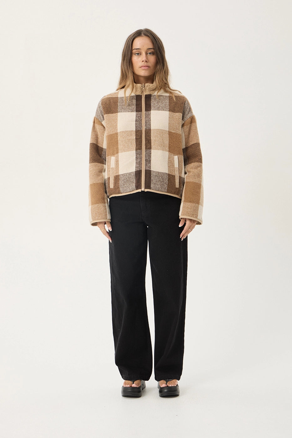 AFENDS Womens Berlin - Reversible Polar Fleece Jacket - Almond Check