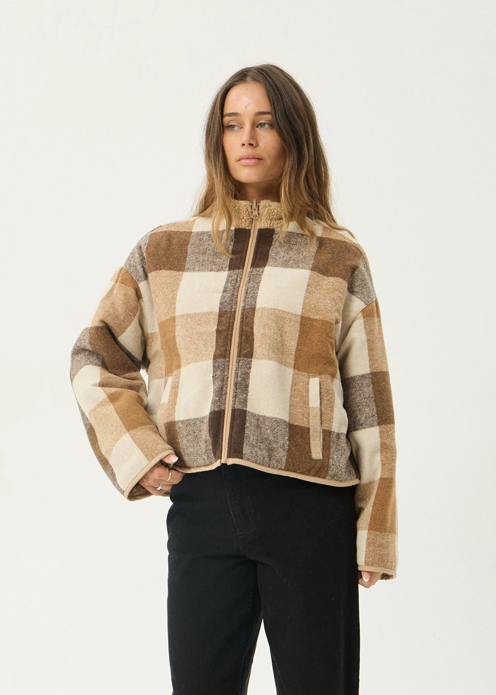 AFENDS Womens Berlin - Reversible Polar Fleece Jacket - Almond Check
