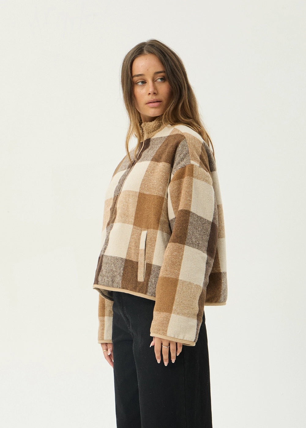 AFENDS Womens Berlin - Reversible Polar Fleece Jacket - Almond Check