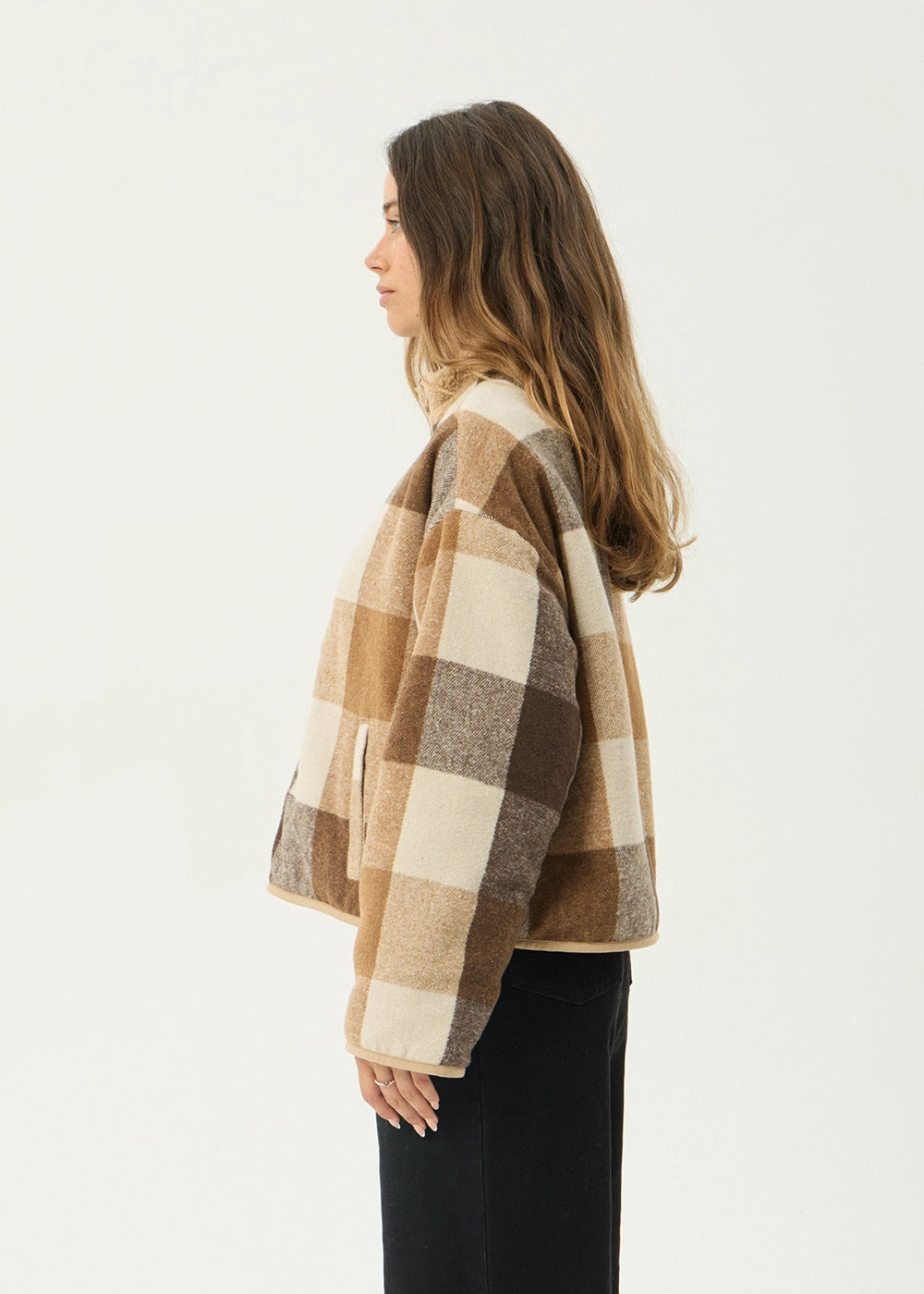 AFENDS Womens Berlin - Reversible Polar Fleece Jacket - Almond Check